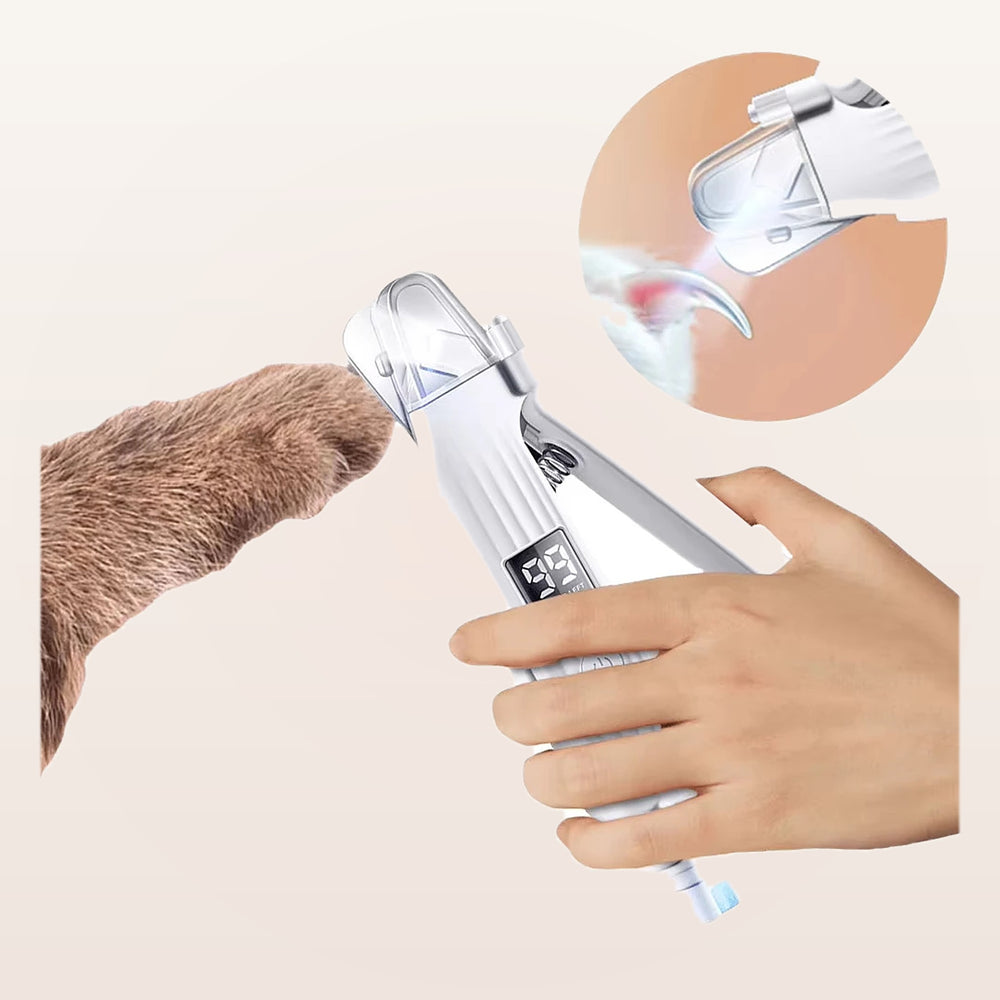 How to use it: squeeze the lever to clip, press the button to grind, charge shown on the screen