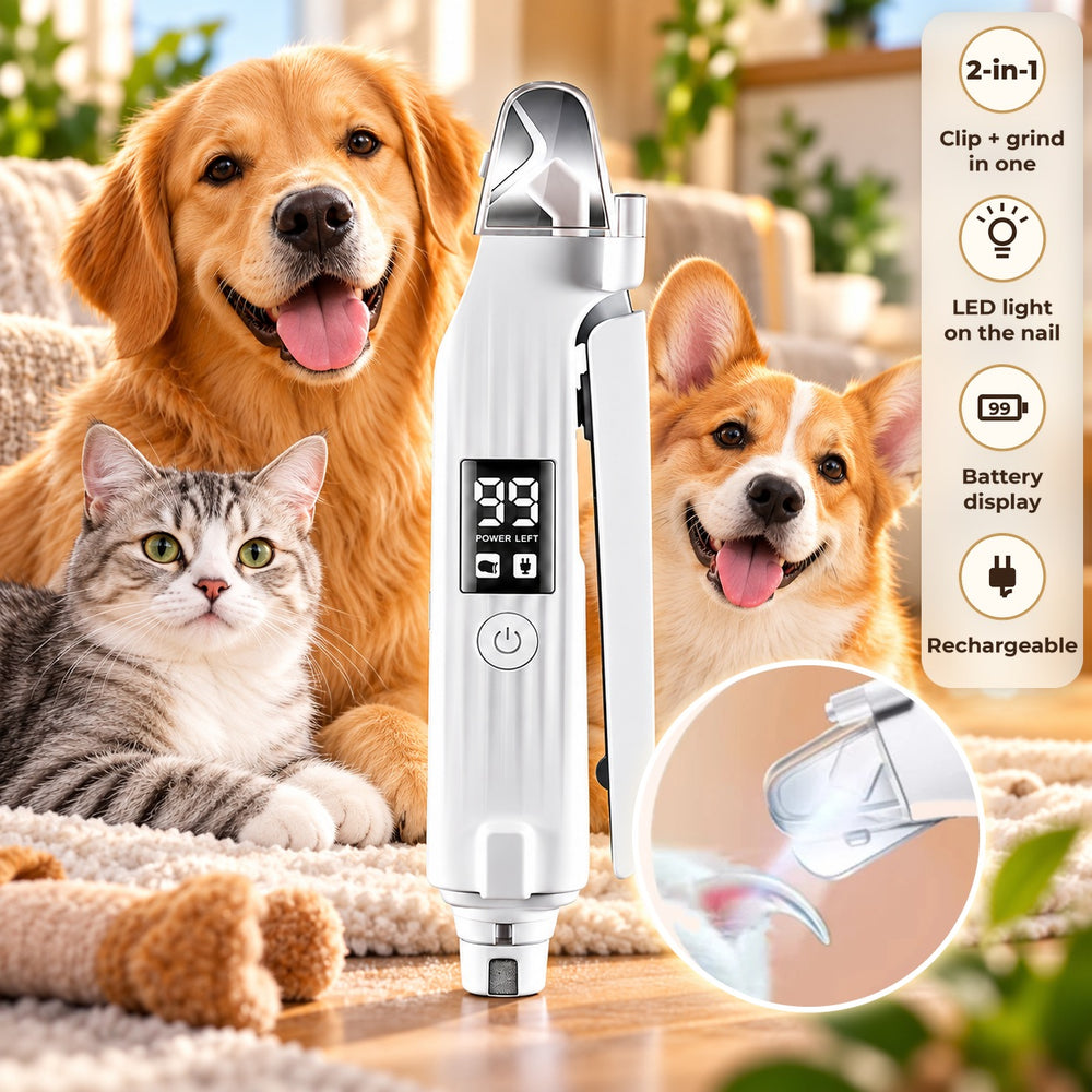 The nail kit with two dogs and a cat, and a close-up of the LED light on a nail